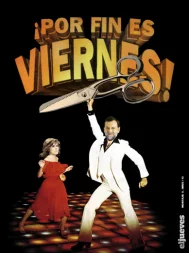 Cartel de la película "Saturday Night Fever" con Mariajo Rajoy como Tony Manero y Soraya Saenz como Stephanie Mangano